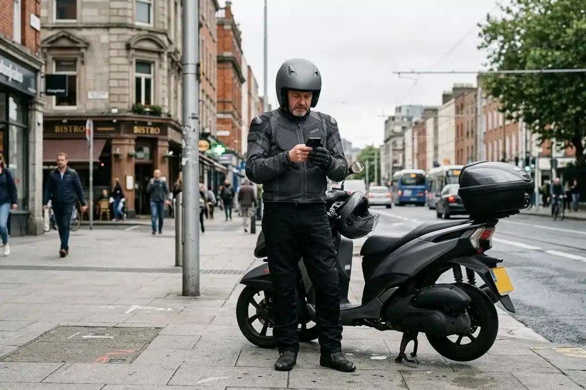 Conducteur scooter 3 roues avec équipement Conducteur en équipement de protection debout près d'un scooter 3 roues en ville