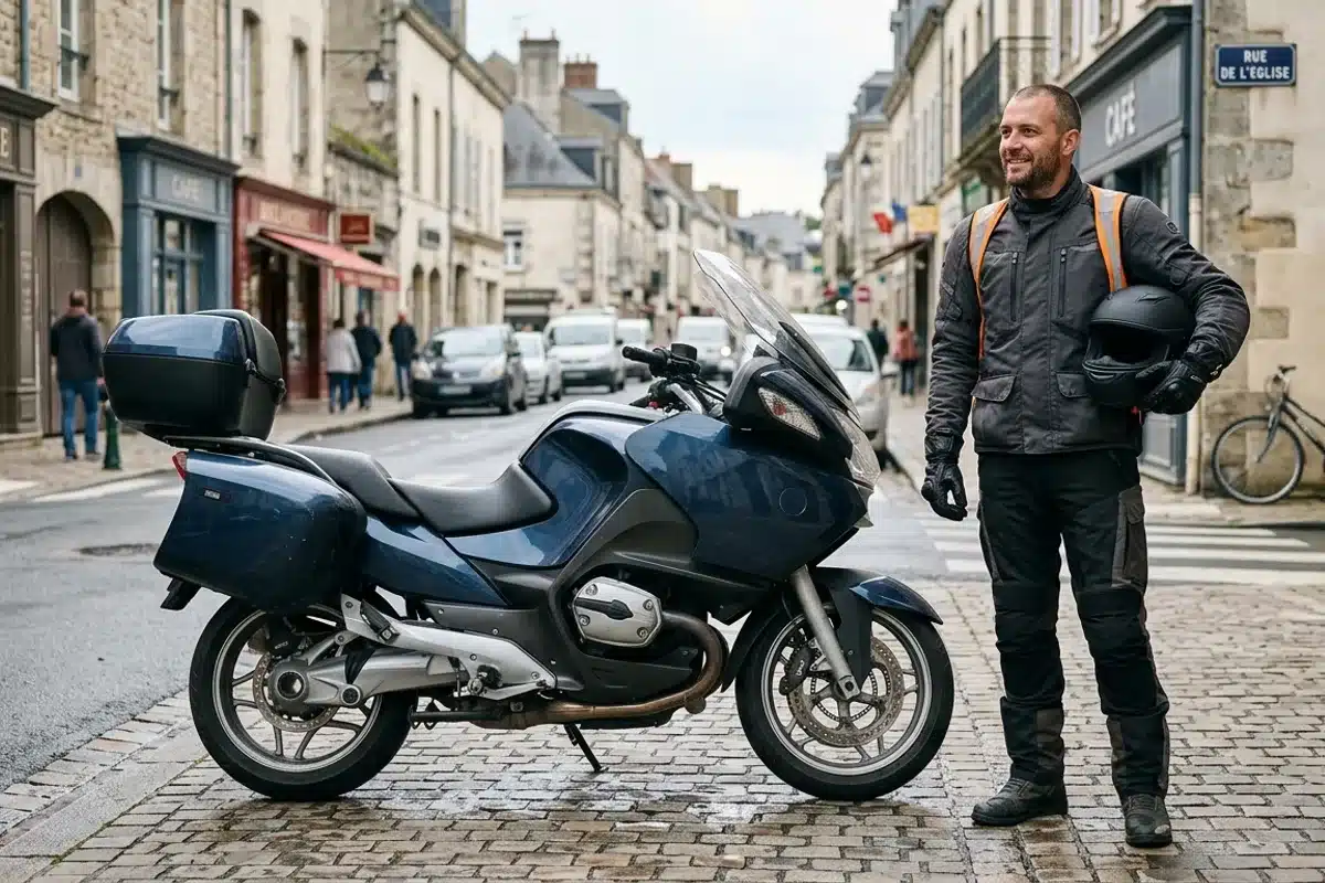 Motard en équipement complet avant le contrôle technique moto Motard équipé debout à côté de sa moto avant de se rendre au contrôle technique en centre agréé