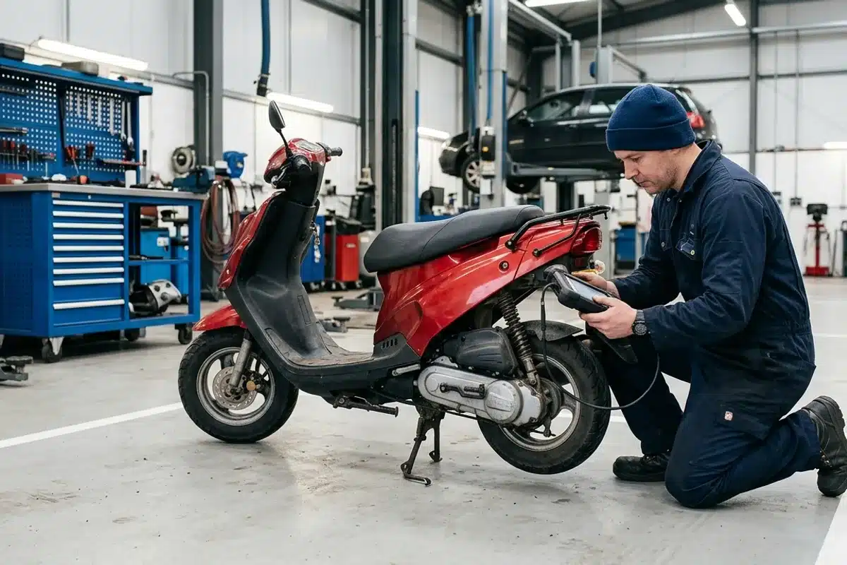 Contrôle technique scooter 50cc en centre agréé Technicien en bleu de travail contrôlant un scooter 50cc lors du contrôle technique 2026