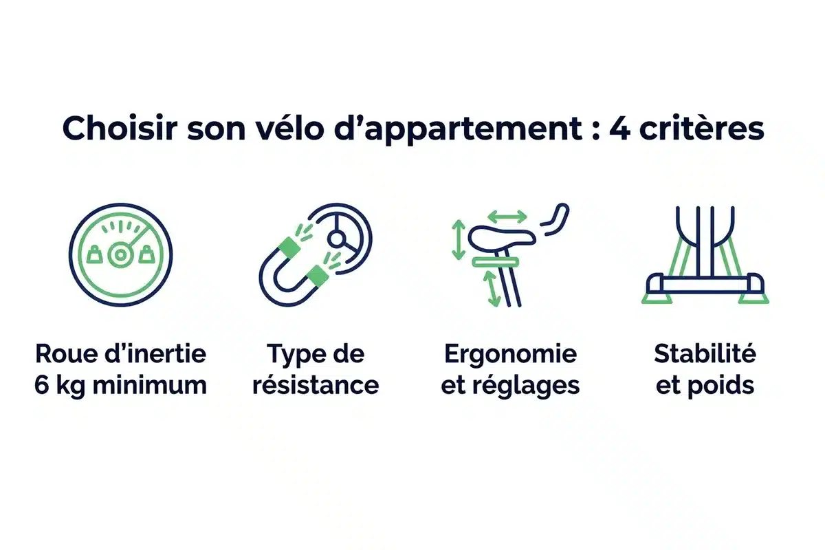 Les 4 critères pour choisir un vélo d'appartement Infographie des 4 critères de choix d'un vélo d'appartement : roue d'inertie, résistance, ergonomie, stabilité