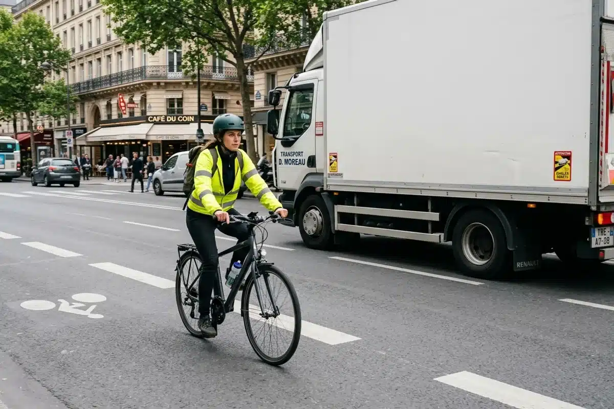 Cycliste maintenant une distance de sécurité latérale avec un camion en milieu urbain