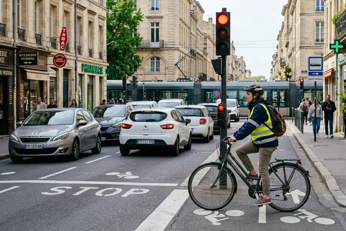 Cycliste s'arrêtant correctement au feu rouge dans une ville française