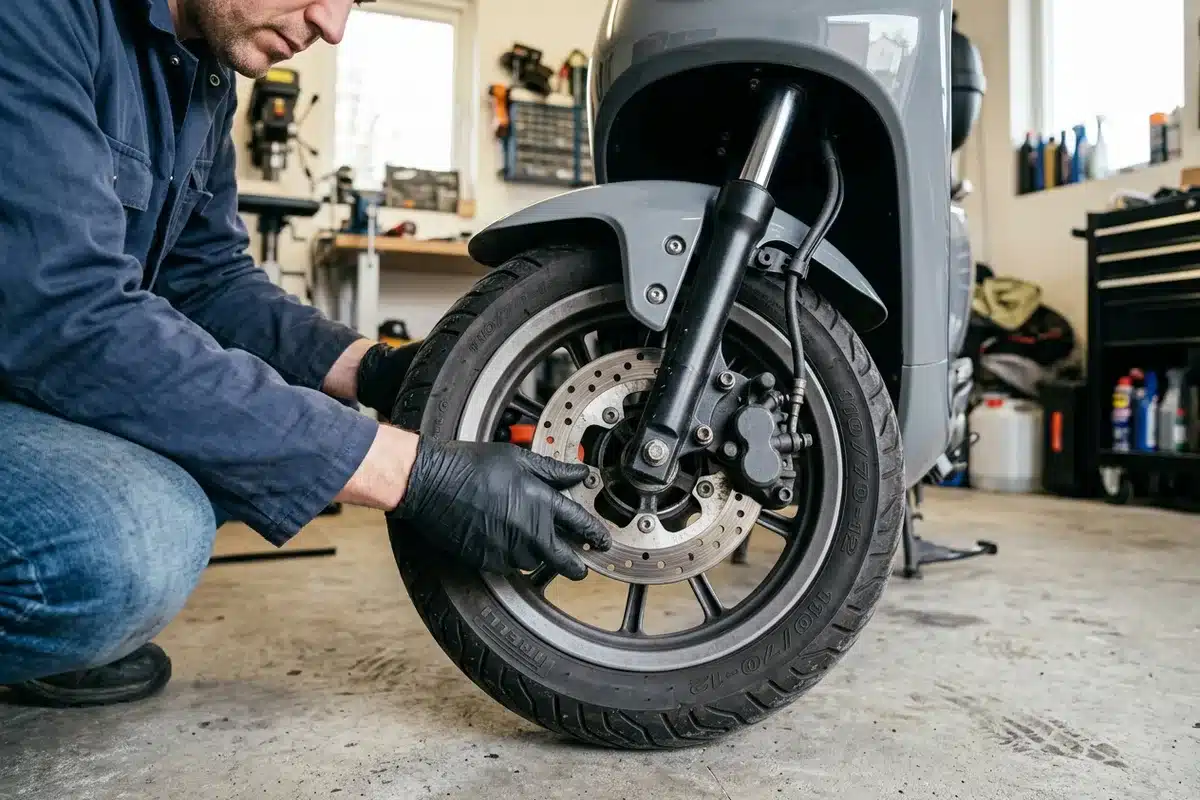 Entretien d'un scooter électrique : contrôle du frein et du pneu avant Mécanicien vérifiant le disque de frein et le pneu avant d'un scooter électrique en garage