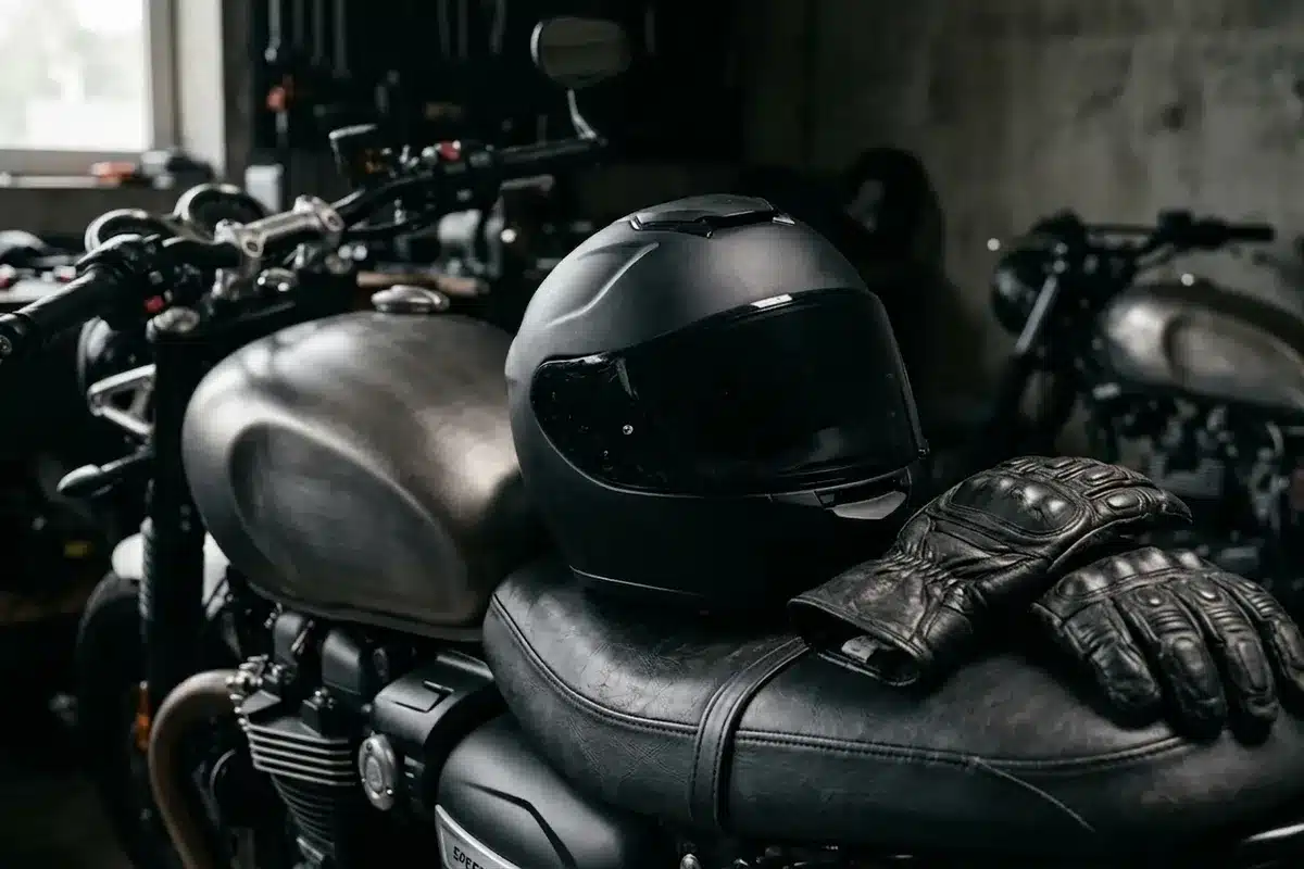 Équipement moto : casque et gants obligatoires Casque intégral et gants de moto posés sur la selle d'un roadster