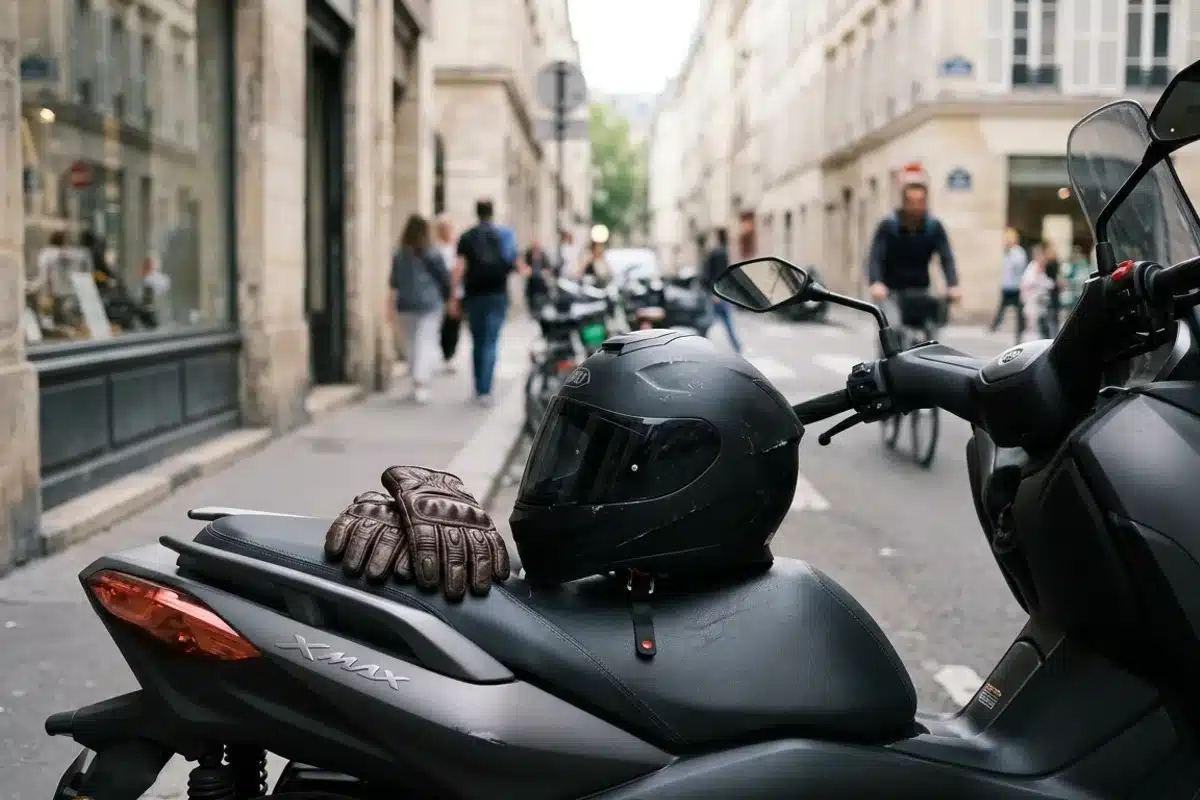 Équipement obligatoire du scooter : casque et gants Casque moto homologué et gants certifiés CE posés sur un scooter