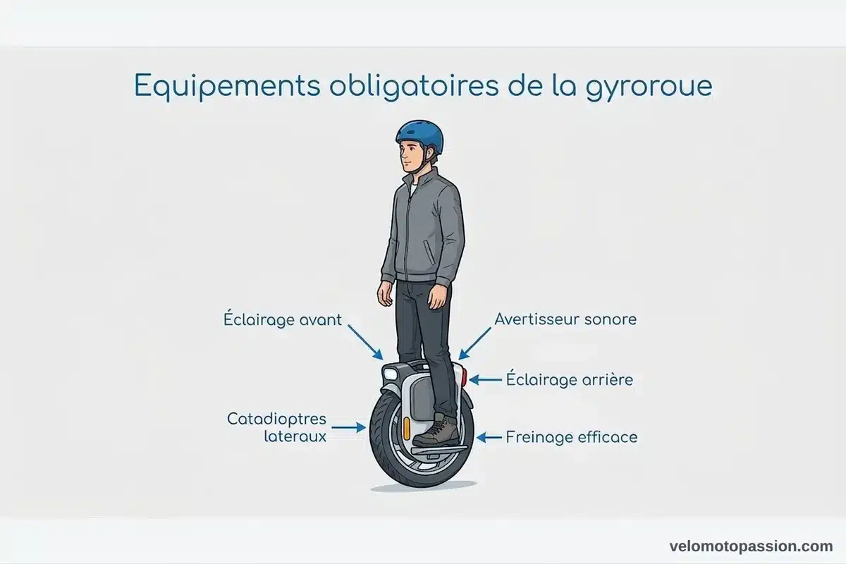 Équipements obligatoires gyroroue EDPM Infographie des équipements obligatoires d une gyroroue avec pilote debout
