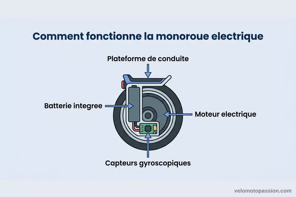 Schéma des composants d'une monoroue électrique Schéma illustrant le fonctionnement d'une monoroue électrique : moteur, batterie, capteurs et plateforme