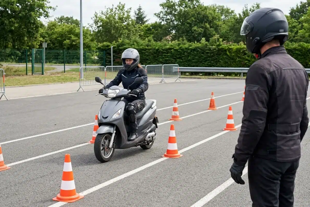 Formation 7h pour conduire un scooter avec le permis B Stagiaire sur un scooter lors de la formation obligatoire de 7 heures pour le permis B