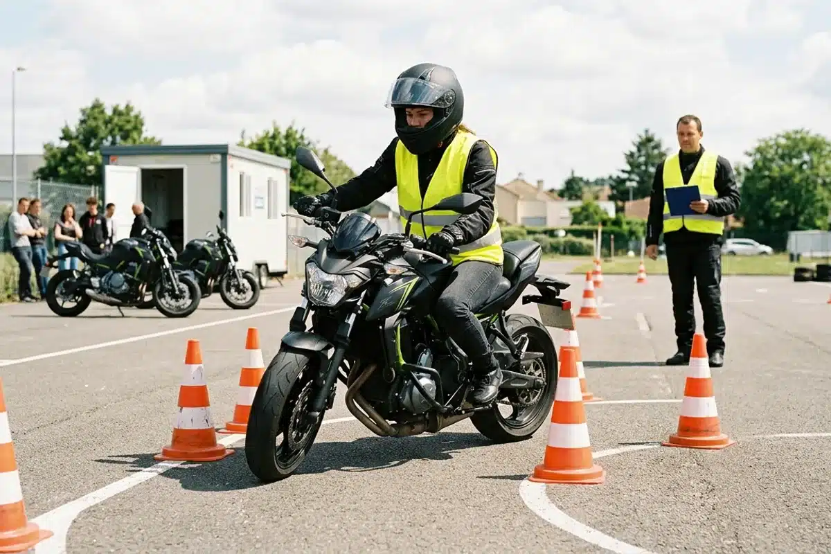 Élève en formation accélérée au permis moto sur le plateau d'une moto-école Élève moto-école en manoeuvre sur le plateau lors d'un stage de formation au permis moto