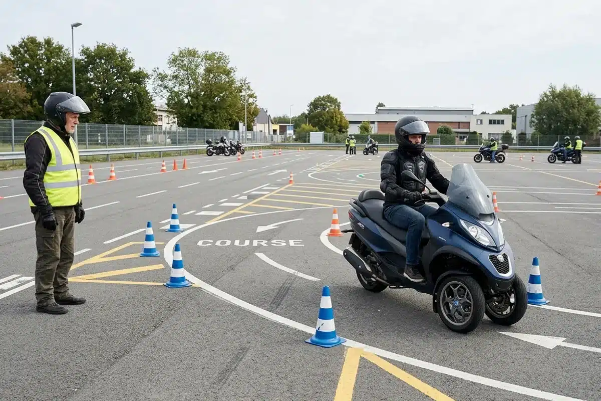 Formation conduite scooter 3 roues Instructeur de conduite supervisant un élève sur un scooter 3 roues sur une piste d'entraînement