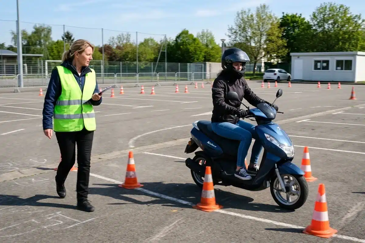 Formation pratique permis AM sur plateau auto-école Formateur en gilet vert supervisant un jeune élève sur scooter pendant la formation pratique au permis AM