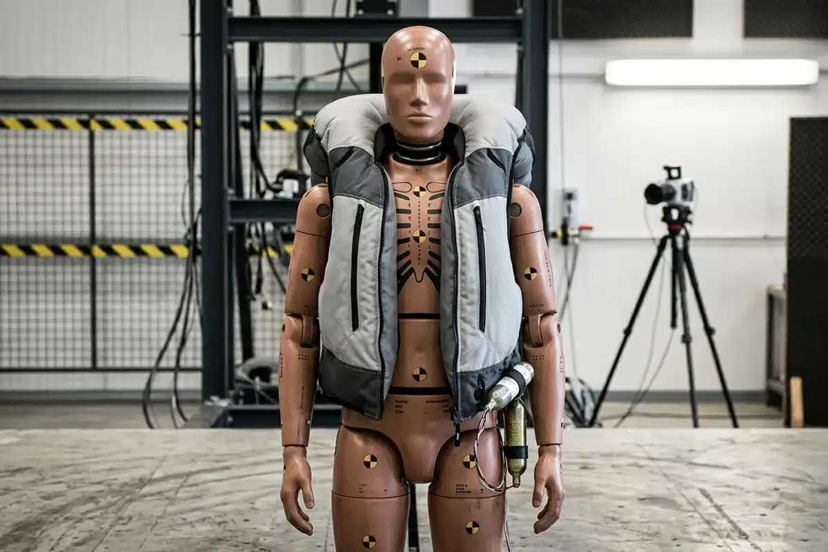 Mannequin équipé d'un gilet airbag moto gonflé en laboratoire, protection thorax, épaules et cou déployée