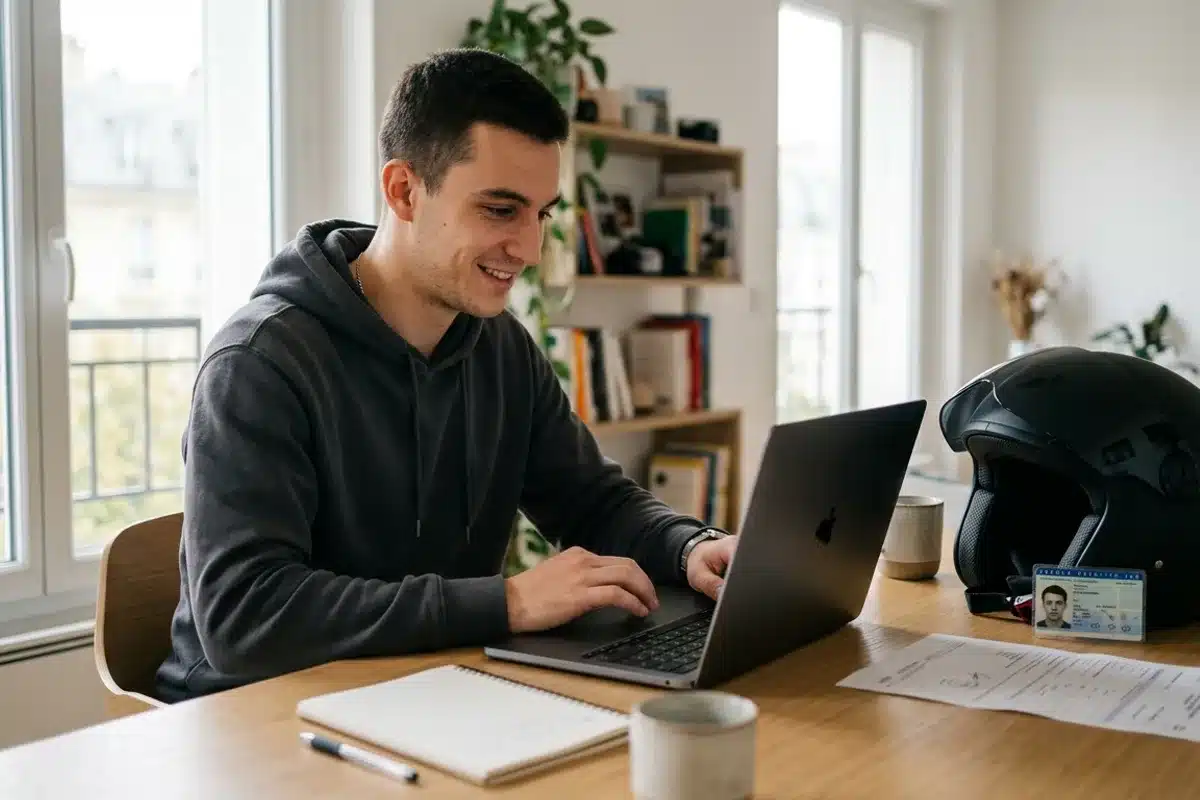 Inscription au permis moto sur le site de l'ANTS pour obtenir le numéro NEPH Jeune candidat remplissant son inscription au permis moto en ligne, casque et pièce d'identité sur le bureau