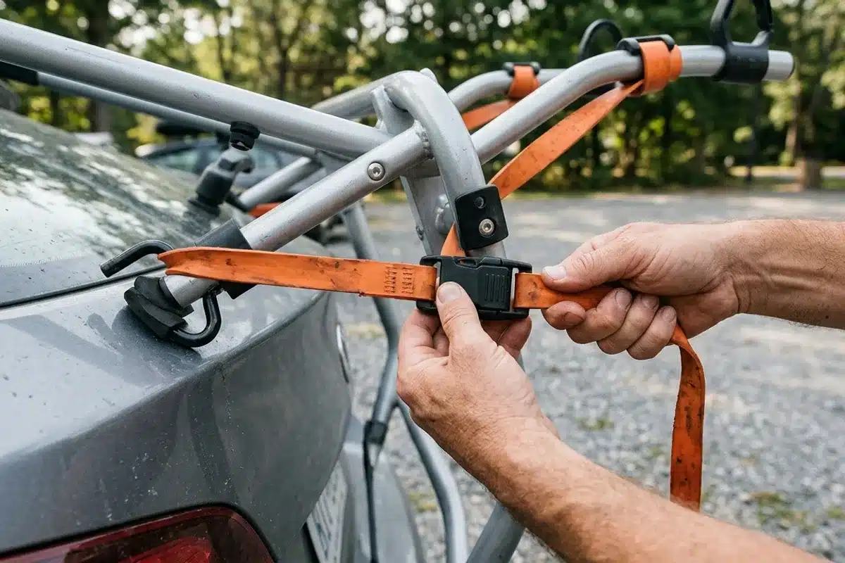 installation sangles porte-vélo de coffre mains serrant les sangles orange d'un porte-vélo de coffre sur une voiture grise