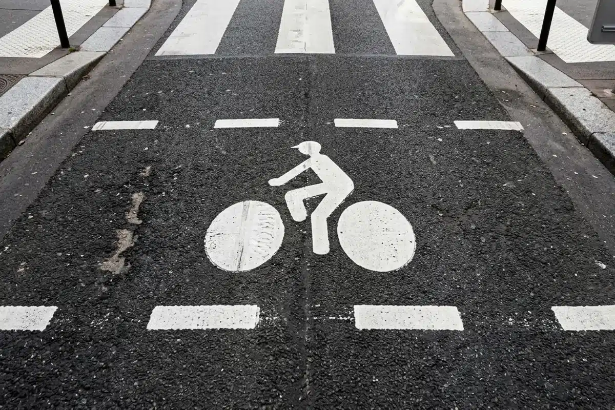 Marquage au sol d'un sas vélo avec pictogramme cycliste Lignes pointillées blanches et pictogramme vélo peints au sol délimitant un sas cyclable