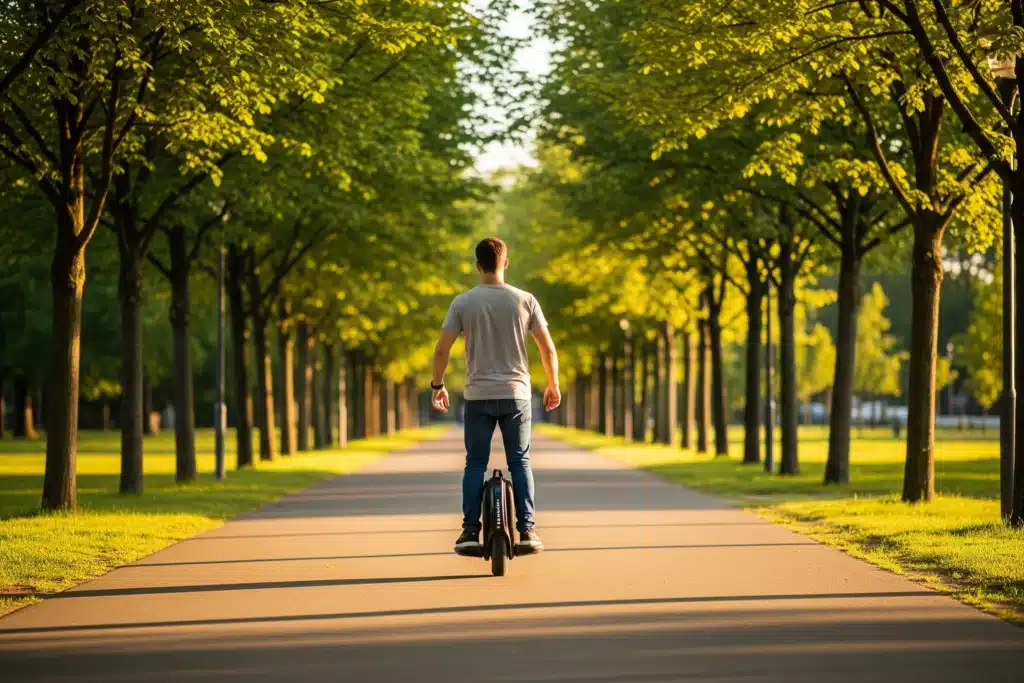 Rider en t-shirt gris sur gyroroue dans une allée de parc verdoyant