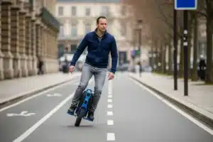 Monoroue électrique : homme en équilibre sur une piste cyclable urbaine
