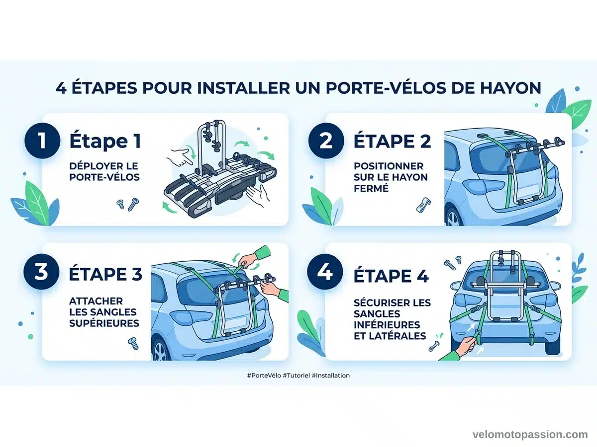 Montage porte-vélo hayon : 4 étapes Infographie des 4 étapes pour installer un porte-vélo sur hayon : déployer, positionner, sangles supérieures, sangles inférieures