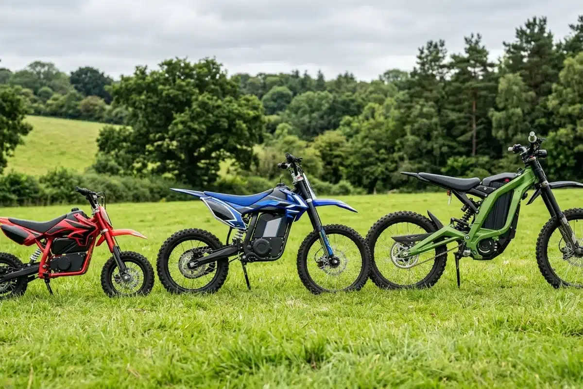 Comparaison de tailles de moto cross électriques pour enfants, adolescents et adultes Trois moto cross électriques de tailles progressives (enfant, ado, adulte) alignées côte à côte en extérieur sur herbe verte