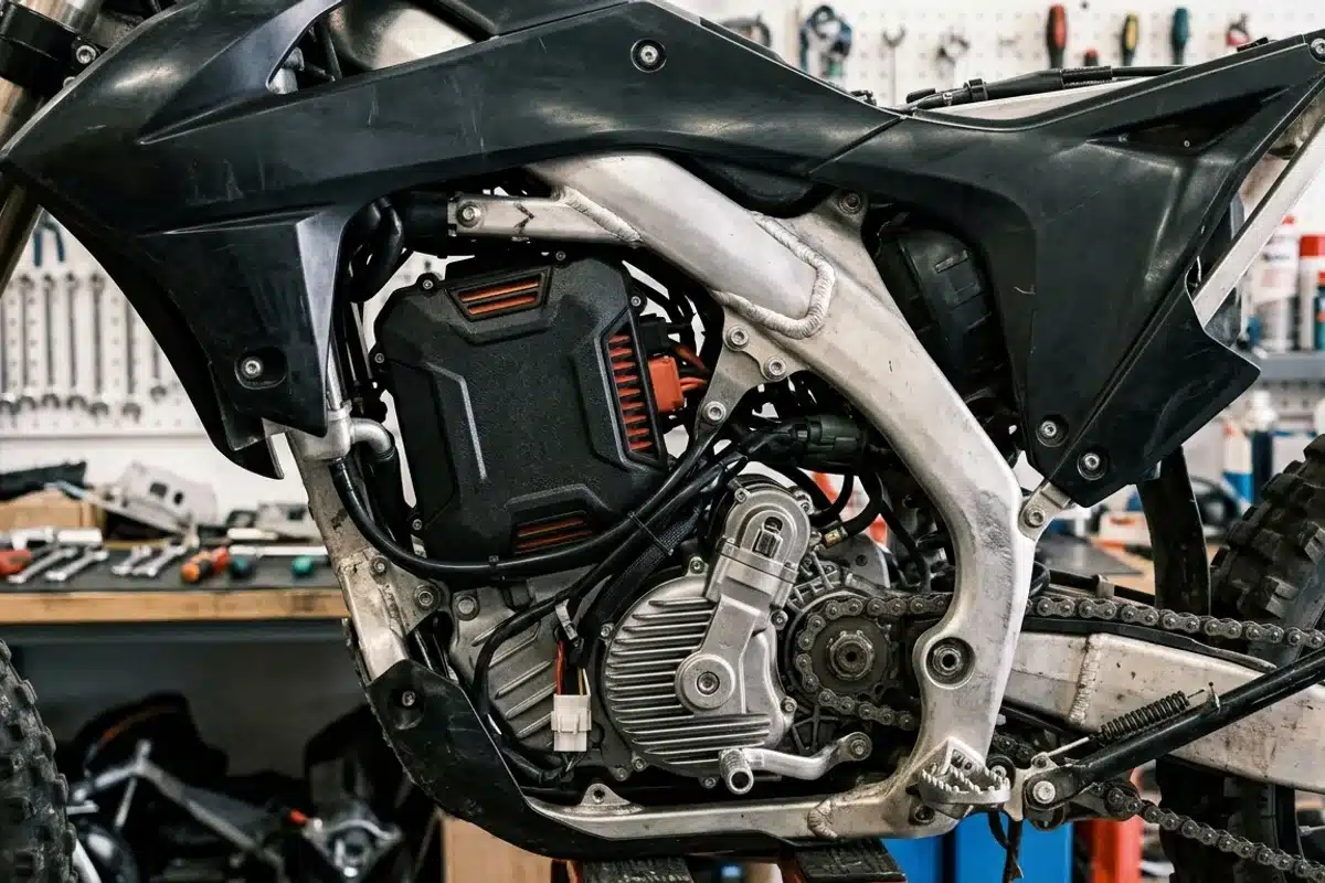 Composants techniques d'une moto cross électrique Batterie lithium et moteur électrique d'une moto cross, gros plan sur les composants visibles