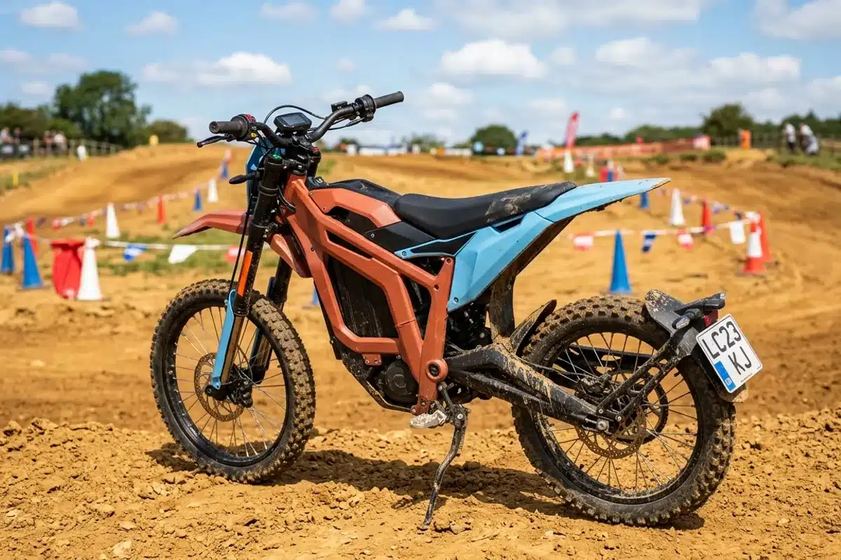 Moto cross électrique homologuée vue de profil au bord d'une piste Moto cross électrique avec plaque d'immatriculation, garée de profil au bord d'une piste de motocross sous le soleil