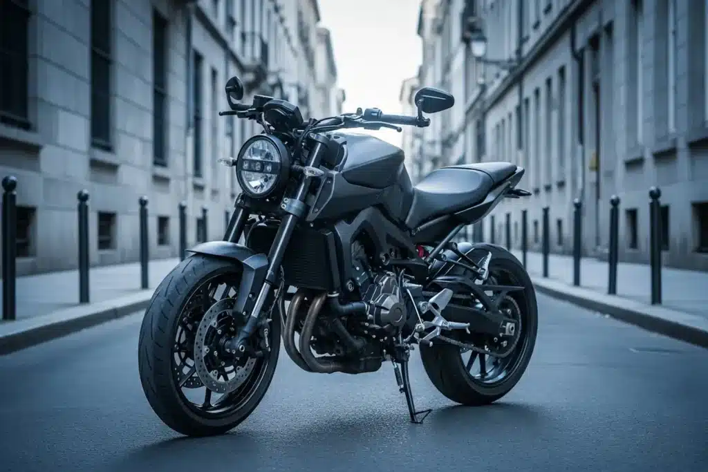 Moto roadster noire nue garée dans une rue urbaine, vue de trois quarts avant