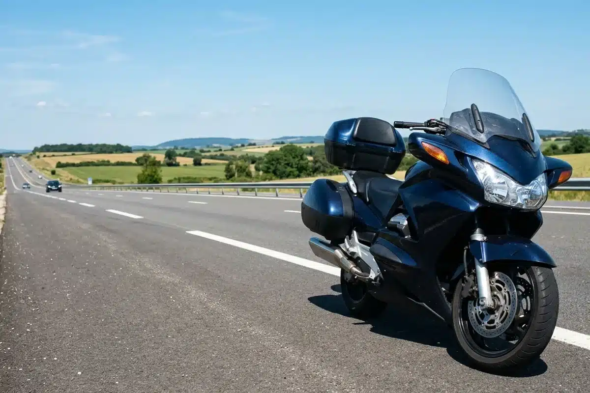 Moto routière carénée sur autoroute Moto routière avec bulle de protection et carénage sur une autoroute française