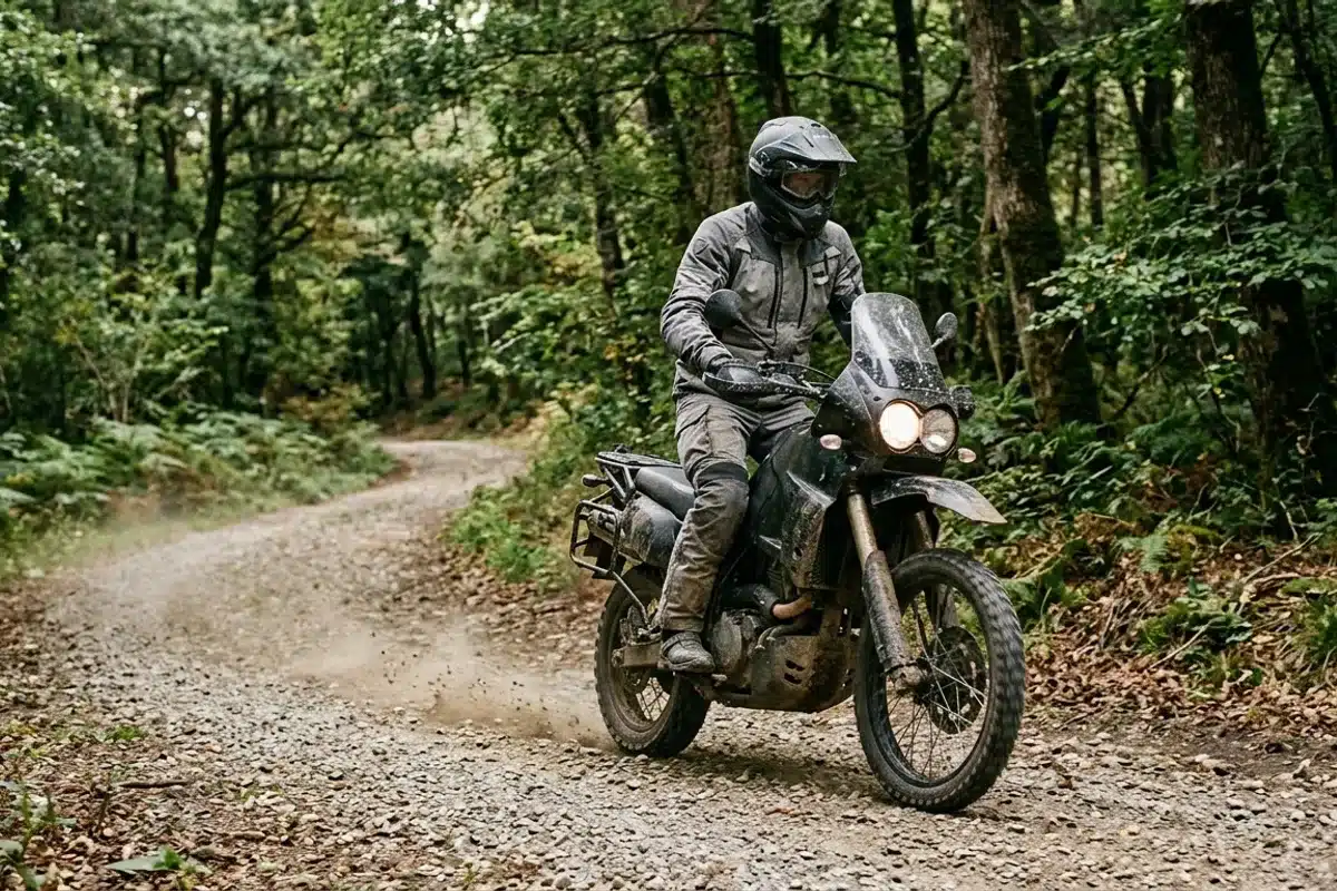 Moto trail sur un chemin forestier Motard en tenue d'aventure sur une moto trail roulant sur un chemin forestier gravillonné
