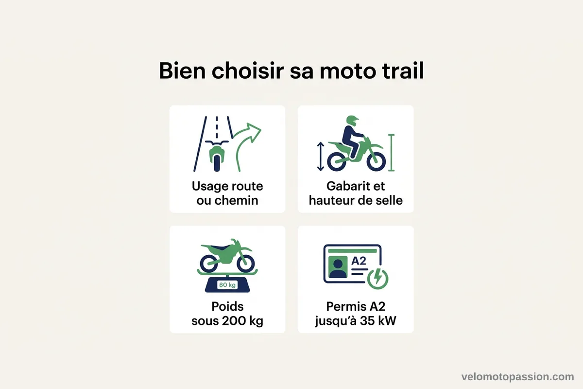 Les critères pour choisir une moto trail Infographie des quatre critères pour choisir une moto trail : usage, gabarit, poids et permis