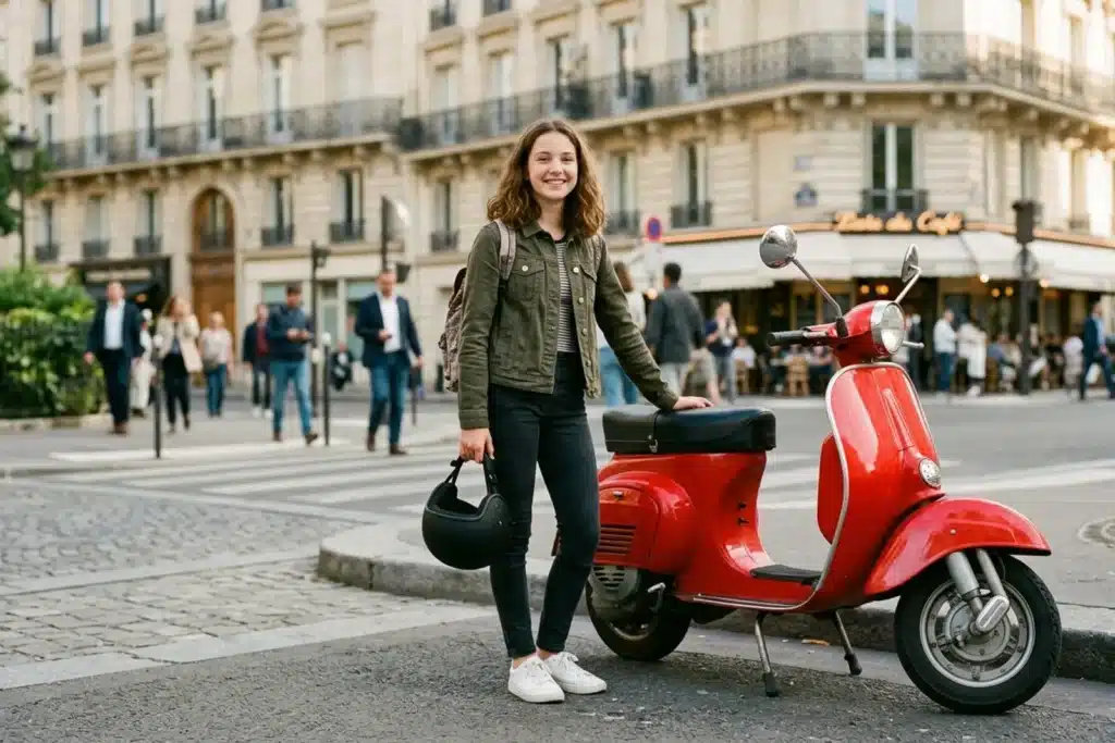 Adolescent souriant avec un casque de scooter sous le bras, permis AM BSR à 14 ans