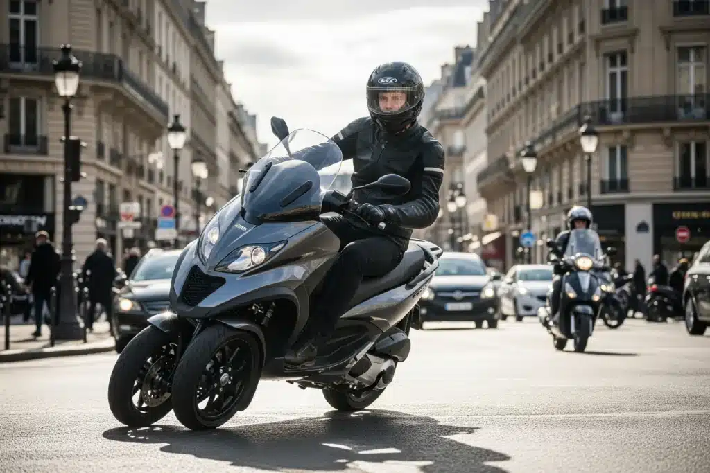 Scooter 3 roues conduit par un pilote casqué en milieu urbain, illustration de la conduite avec permis B