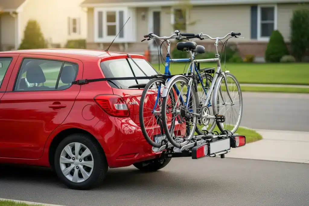 porte-vélo de coffre fixé par sangles sur le hayon d'une berline rouge, deux vélos chargés