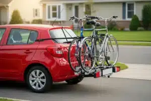 porte-vélo de coffre fixé par sangles sur le hayon d'une berline rouge, deux vélos chargés