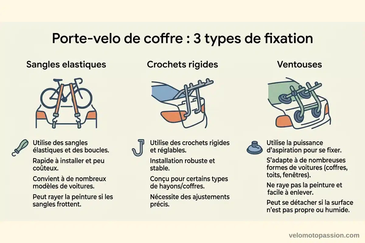 types de fixation porte-vélo de coffre schéma comparant les 3 types de fixation du porte-vélo de coffre : sangles élastiques, crochets rigides et ventouses