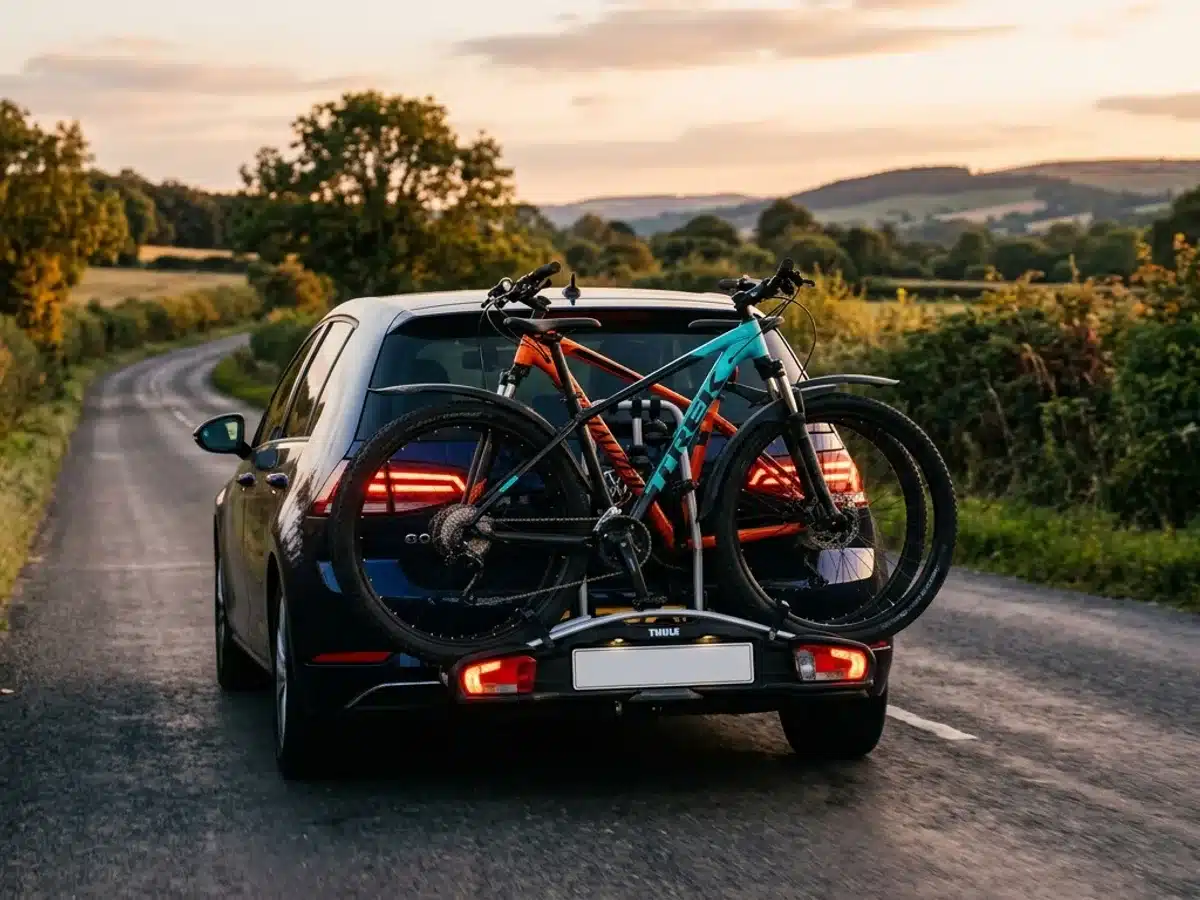 Porte-vélo hayon : plaque et signalisation arrière Vue arrière d'une voiture avec porte-vélo sur hayon au crépuscule, plaque d'immatriculation et feux arrière visibles