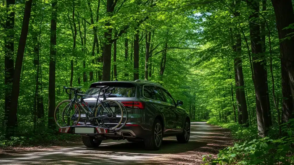 Voiture SUV équipée d'un porte-vélo sur hayon transportant deux vélos de randonnée sur route forestière