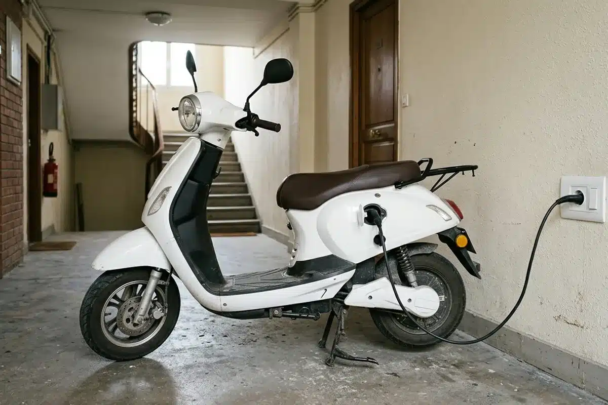 Recharge scooter électrique 50cc à domicile Scooter électrique 50cc en charge sur prise domestique dans un garage