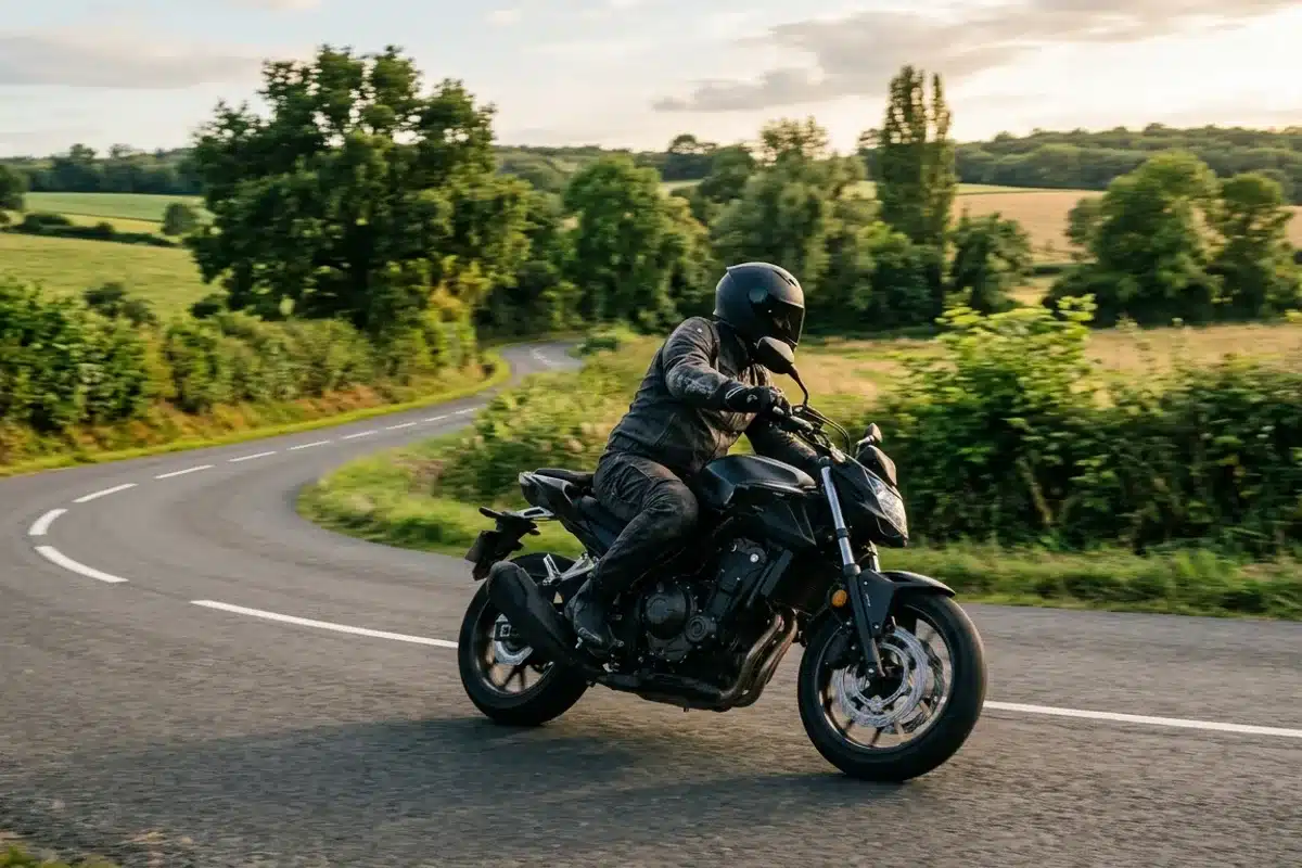 Roadster en balade sur une route de campagne Motard équipé roulant sur un roadster sur une route de campagne sinueuse