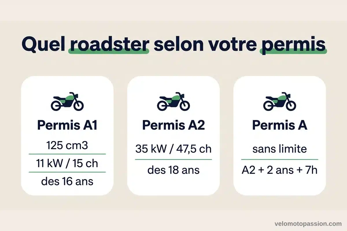 Quel roadster selon le permis A1, A2 ou A Infographie des roadsters accessibles selon le permis A1, A2 et A