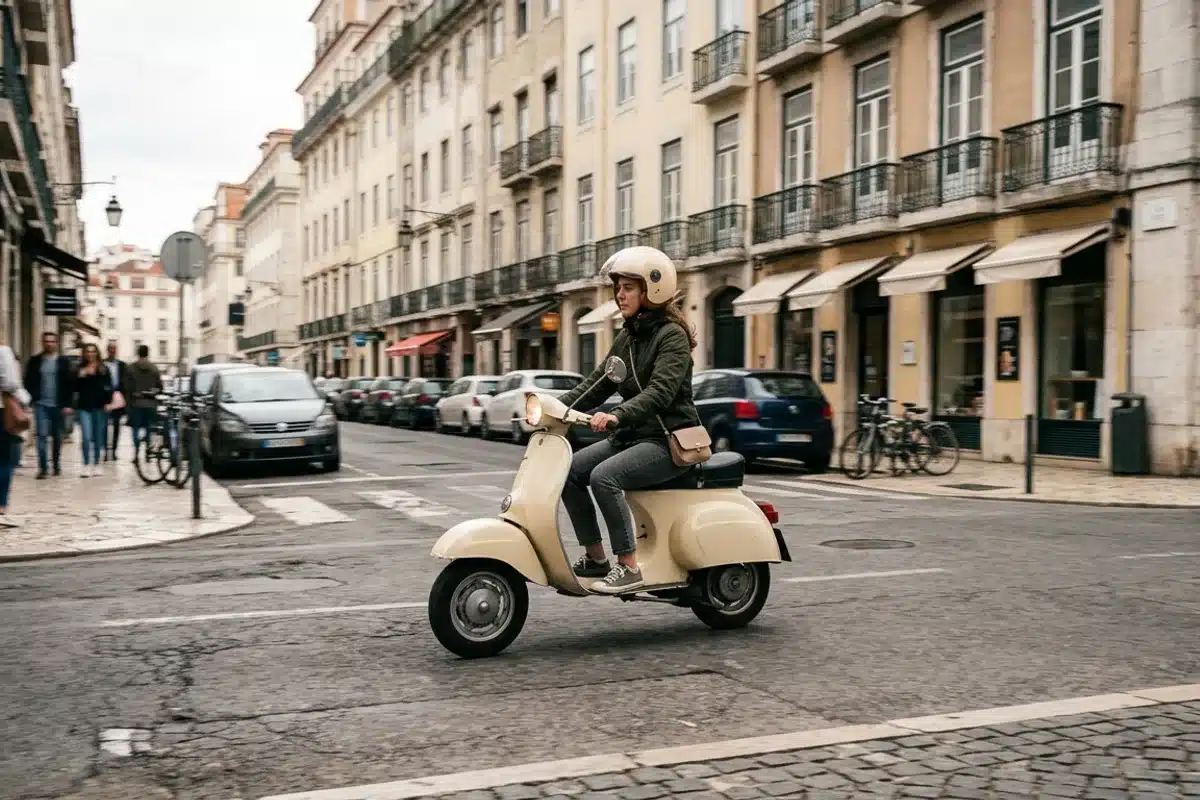 Scooter 50cc cyclomoteur circulant en ville Cyclomoteur 50cc bridé à 45 km/h roulant dans une rue européenne