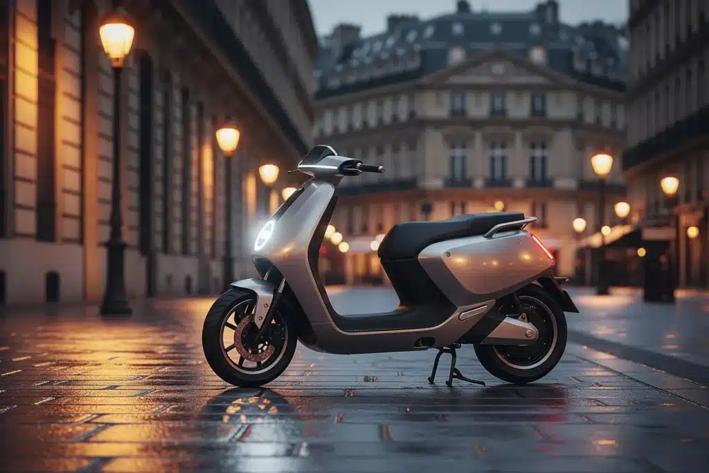 Scooter électrique équivalent 50cc garé dans une rue de ville française