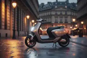 Scooter électrique équivalent 50cc garé dans une rue de ville française