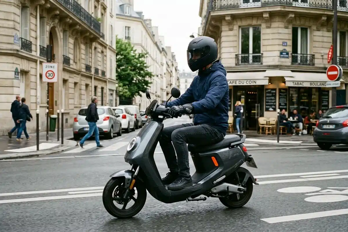 Conducteur sur scooter électrique 50cc avec équipement Conducteur avec casque et gants sur un scooter électrique 50cc en ville