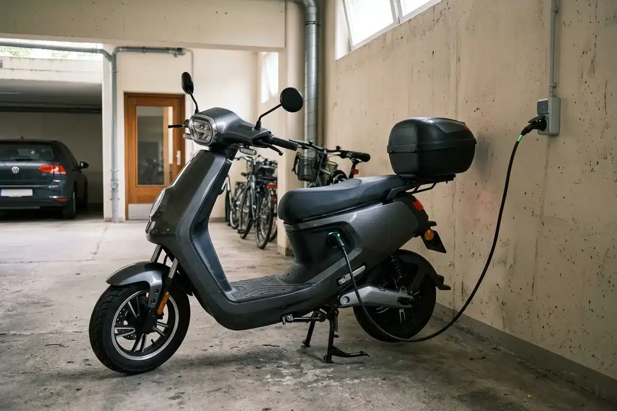Recharge d'un scooter électrique sur prise domestique Scooter électrique branché sur une prise domestique 220V dans un parking d'immeuble