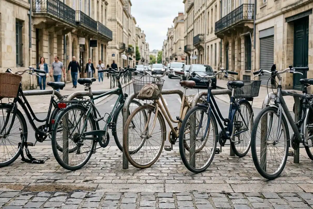 Vélos stationnés et attachés dans une rue Plusieurs vélos de ville attachés à des arceaux de stationnement urbains