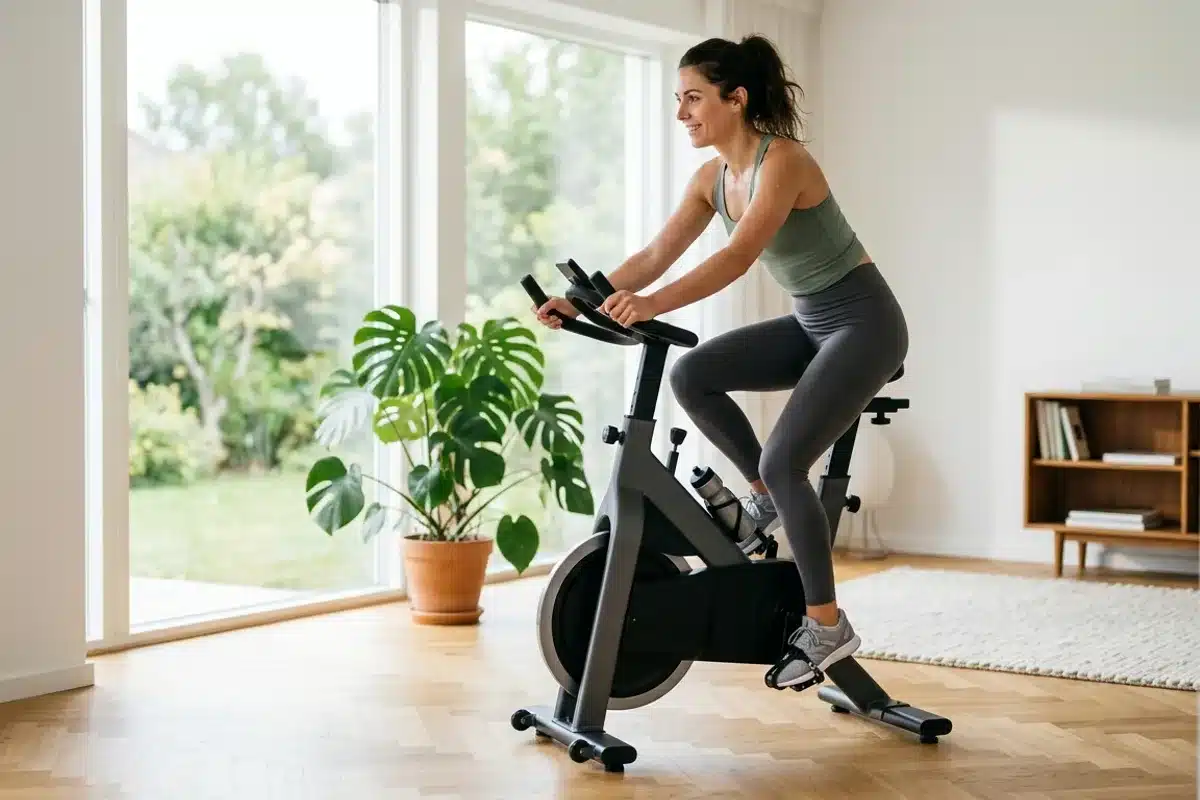 Entraînement sur vélo d'appartement dans un salon Femme s'entraînant sur un vélo d'appartement droit dans un salon lumineux