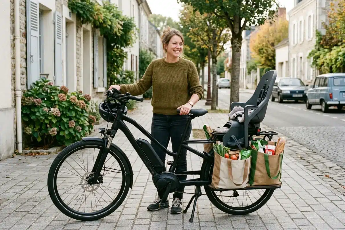 Vélo cargo électrique longtail pour transporter enfants et courses Vélo cargo électrique longtail avec siège enfant et sacs de courses dans une rue résidentielle