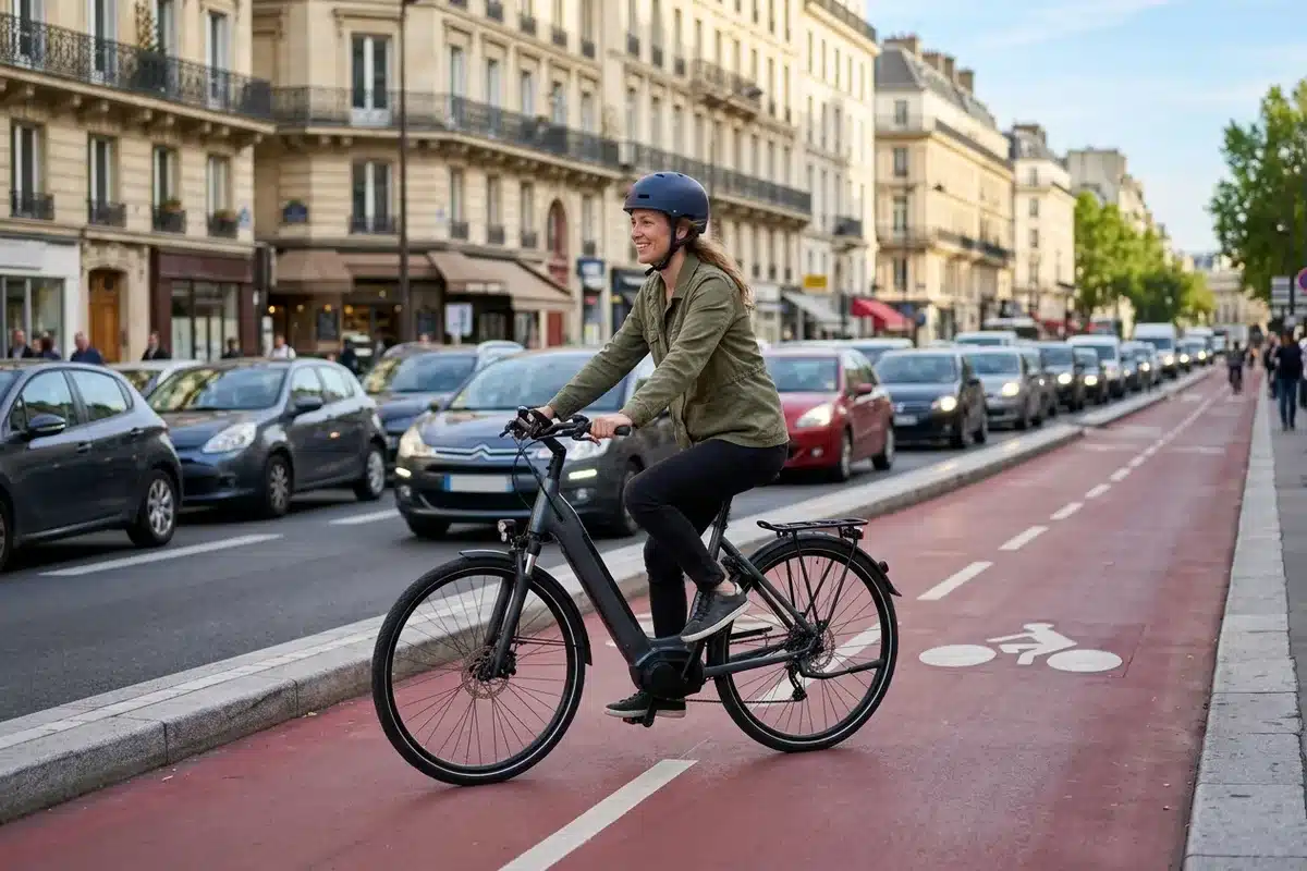 Vélo électrique en ville dépassant les embouteillages Cycliste sur un vélo électrique urbain sur une piste cyclable, voitures à l'arrêt dans les bouchons