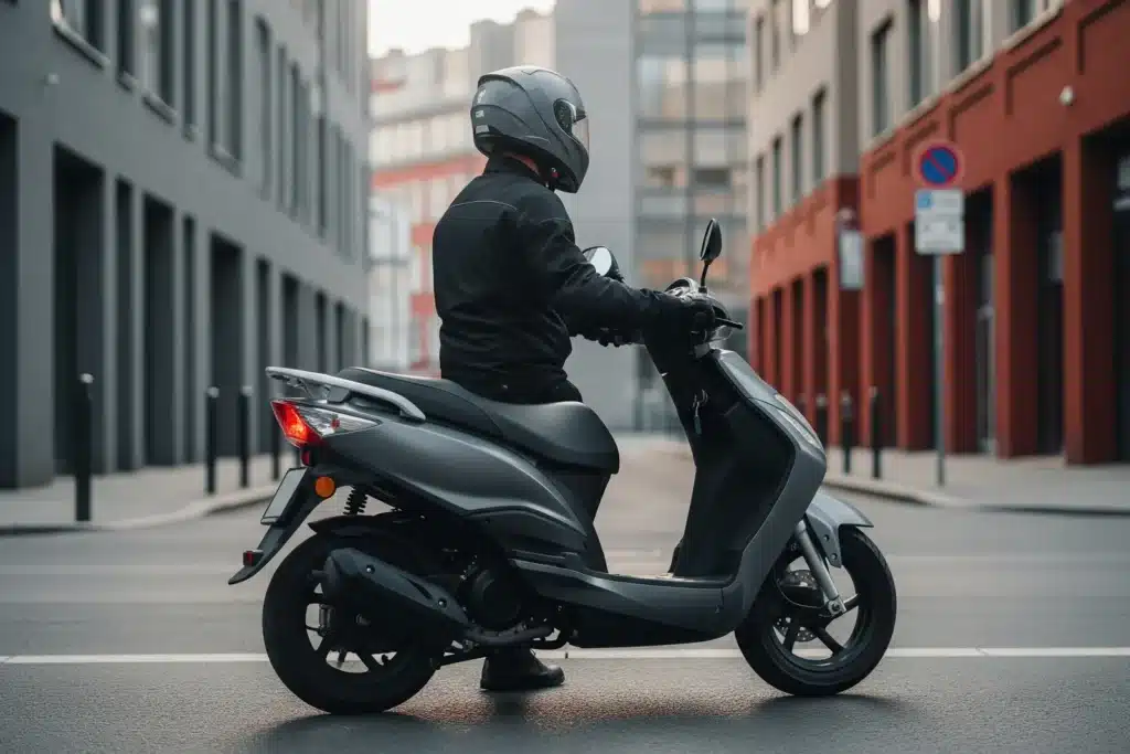 Conducteur équipé sur un scooter 50cc arrêté dans une rue urbaine, vu de profil