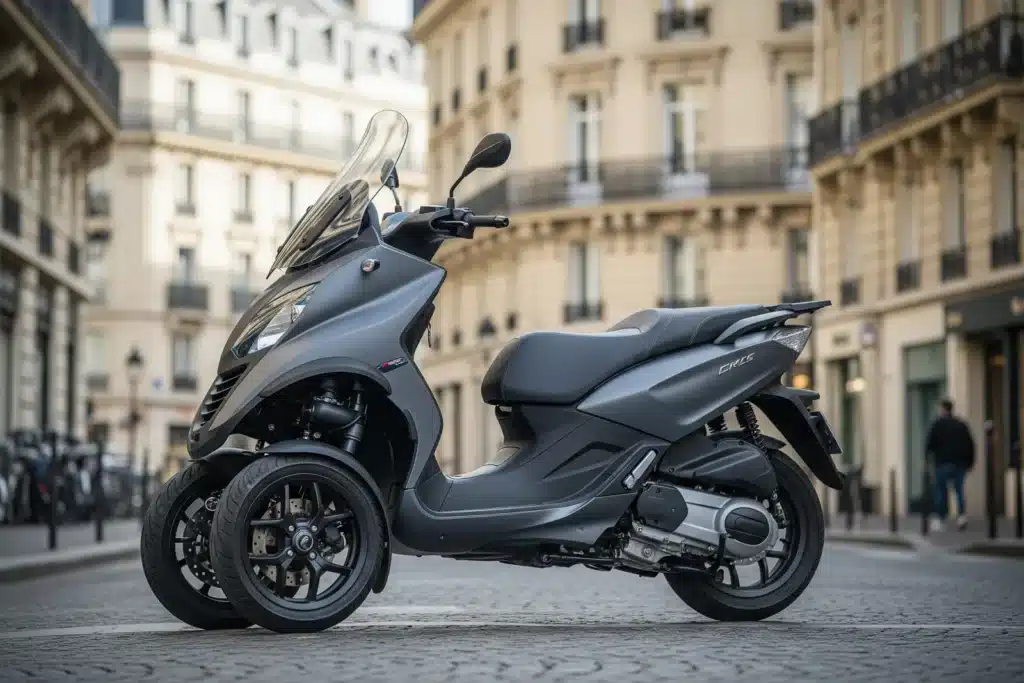 Scooter à trois roues de type Yamaha Tricity, deux roues avant et une roue arrière, en ville